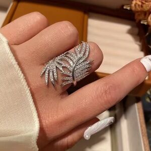 Modern Silver Leaf Diamond Ring